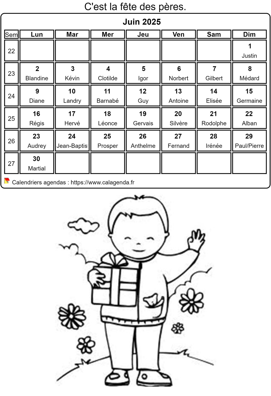 Calendrier 2025 à colorier du mois de juin