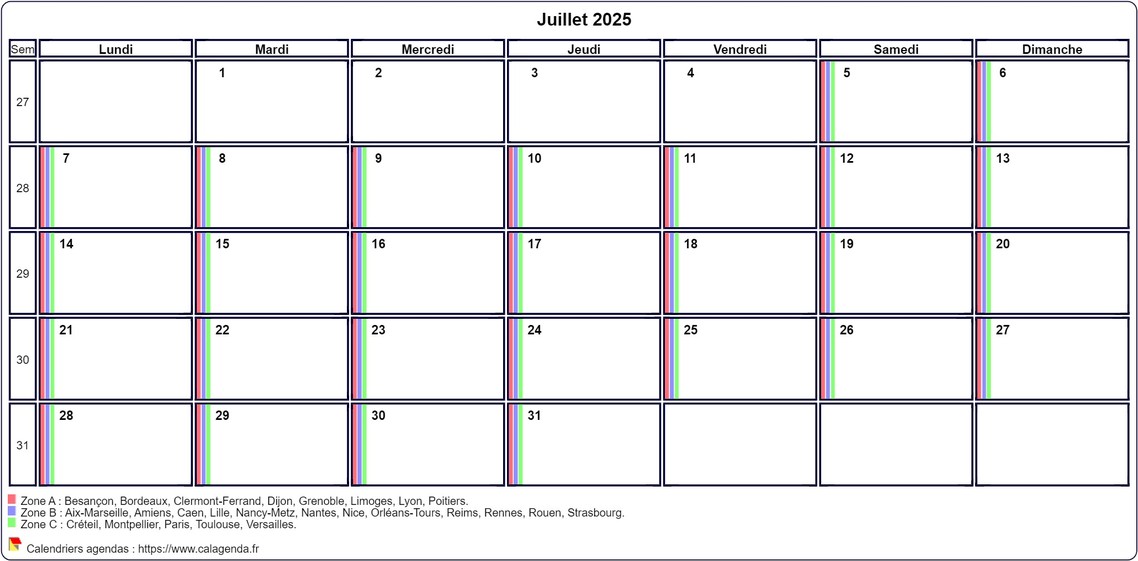 Calendrier juillet 2025 personnalisable avec les vacances scolaires