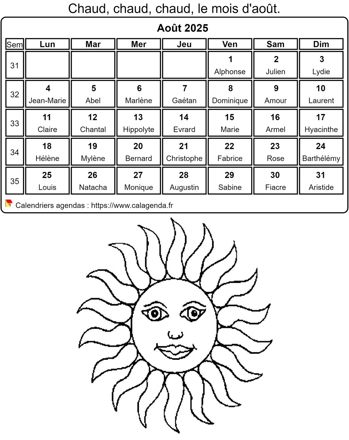 Calendrier 2025 à colorier du mois d'août