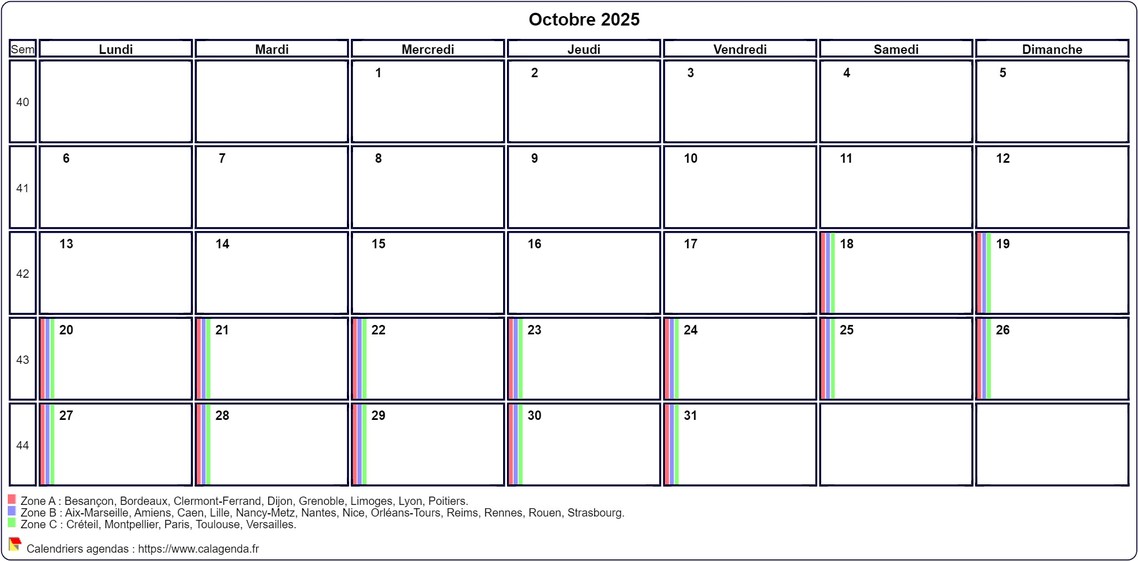 Calendrier octobre 2025 personnalisable avec les vacances scolaires