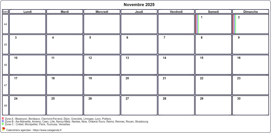Calendrier novembre 2025 personnalisable avec les vacances scolaires