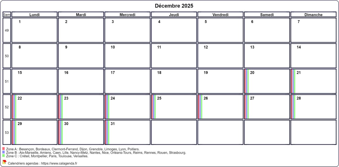Calendrier décembre 2025 personnalisable avec les vacances scolaires
