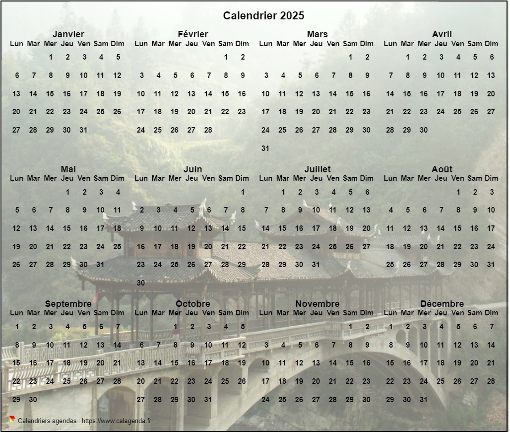 Calendrier 2025 annuel à imprimer, format paysage, quatre colonnes par trois lignes, par dessus une photo