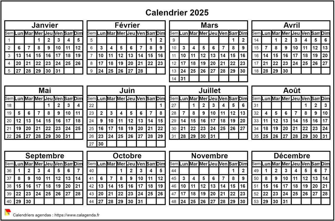 Calendrier 2025 format paysage