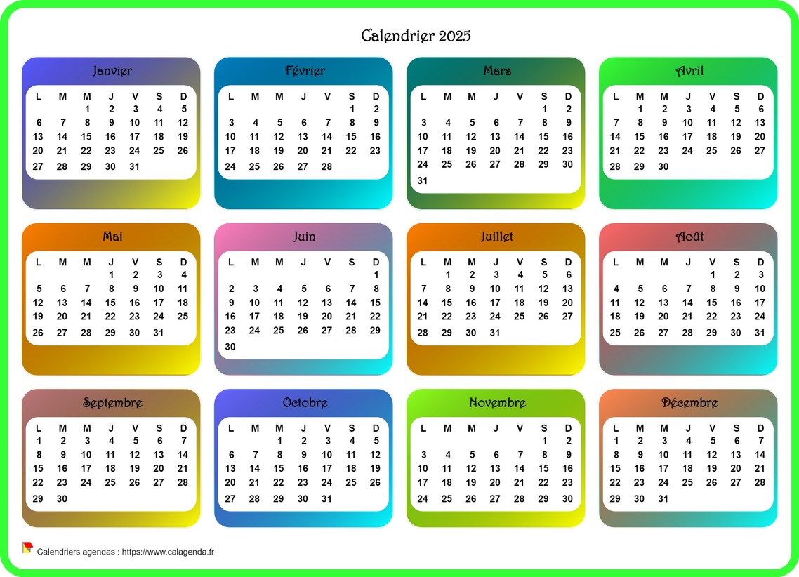 Calendrier 2025 annuel avec plusieurs dégradés de couleur