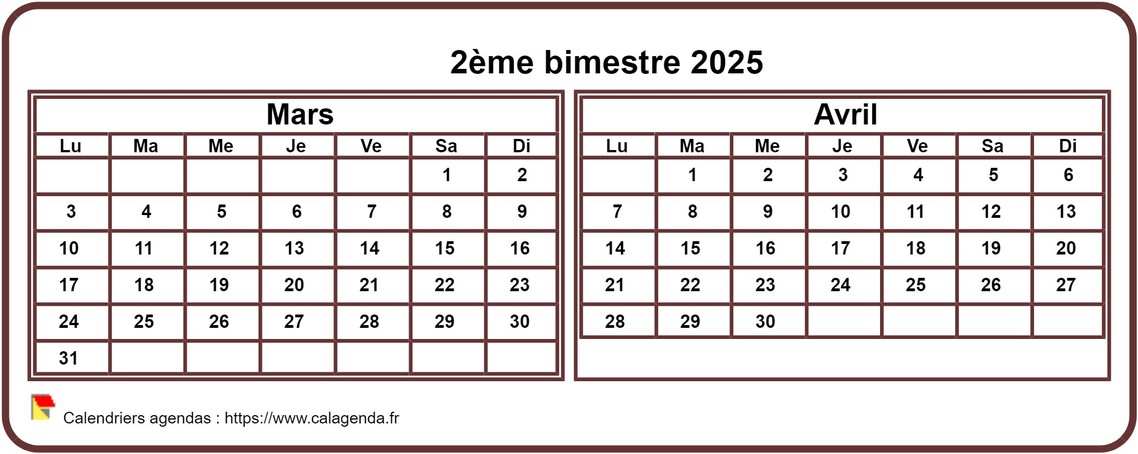 Calendrier 2025 à imprimer bimestriel, format mini de poche, horizontal, fond blanc