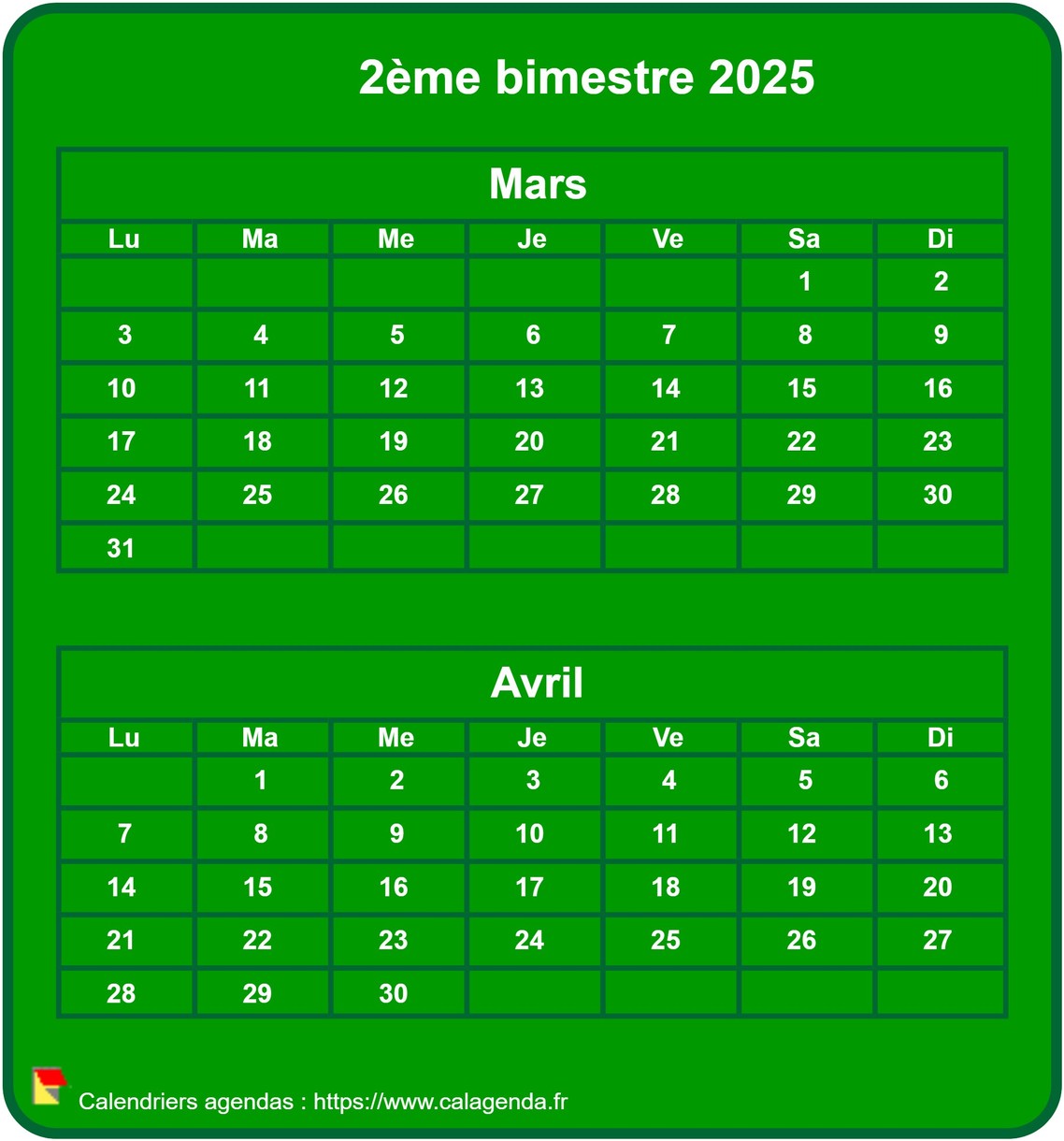 Calendrier 2025 à imprimer bimestriel, format mini de poche, vertical, fond vert