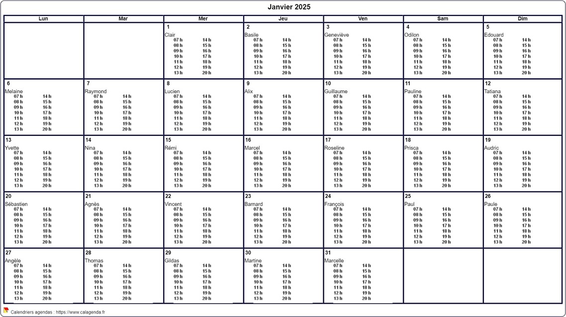 Calendrier mensuel 2025 à imprimer vierge, avec les horaires dans chaque case