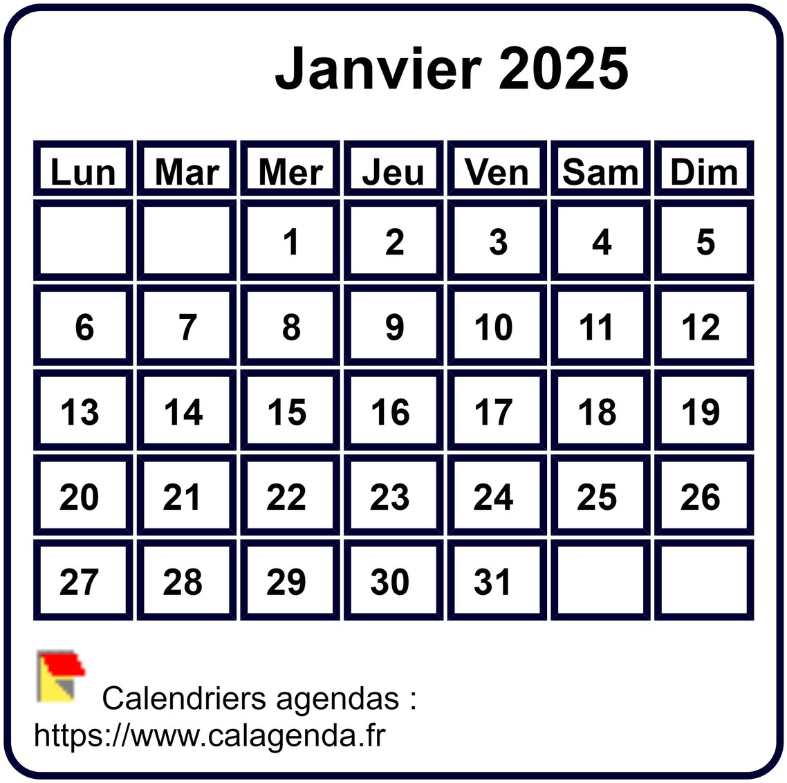 Calendrier mensuel 2025 à imprimer, fond blanc, taille mini, format poche, spécial portefeuille