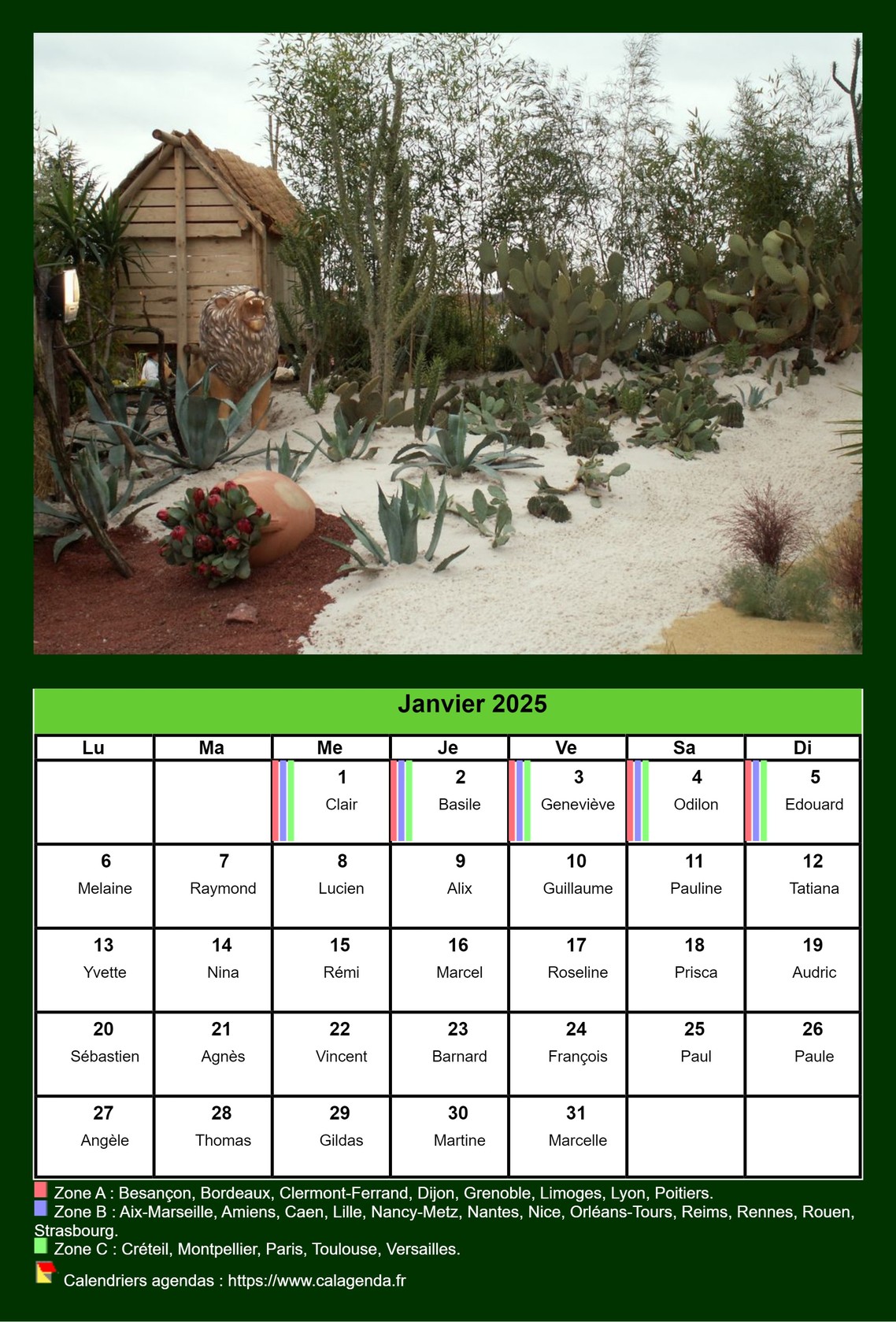 Calendrier mensuel 2025 avec une photo différente chaque mois