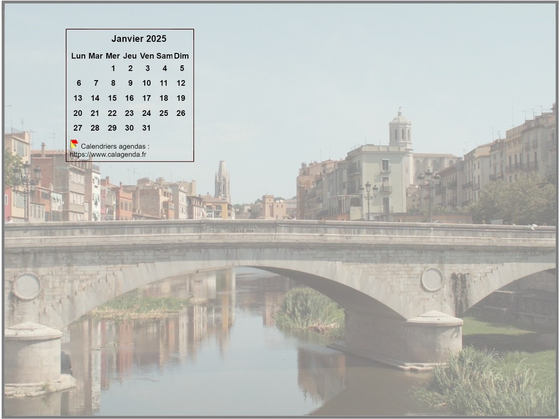 Calendrier mensuel 2025 à imprimer, incrusté en haut à gauche d'une photo