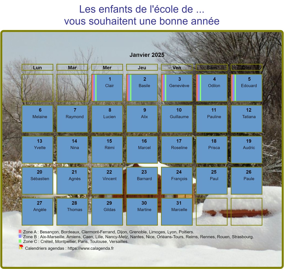 Calendrier 2025 agenda mensuel artistique avec photo et légende, paysage hivernal