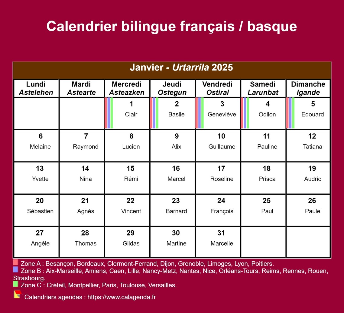 Calendrier mensuel 2025 basque Calendrier mensuel 2025 basque