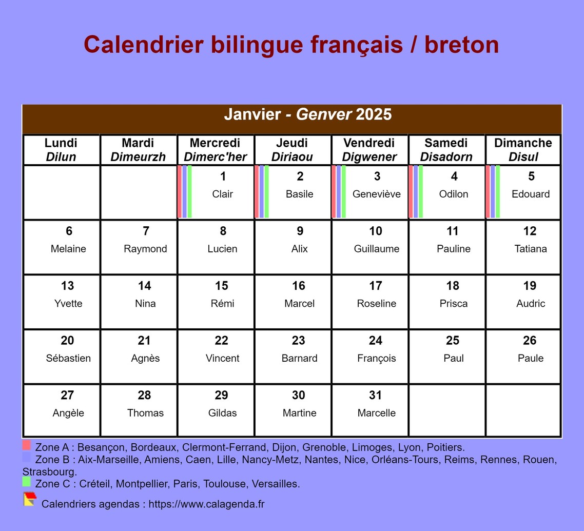 Calendrier mensuel 2025 breton