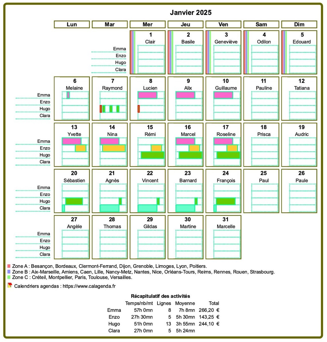 Calendrier planning mensuel détaillé