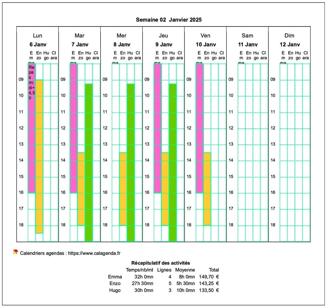 Planning assistante maternelle hebdomadaire horizontal