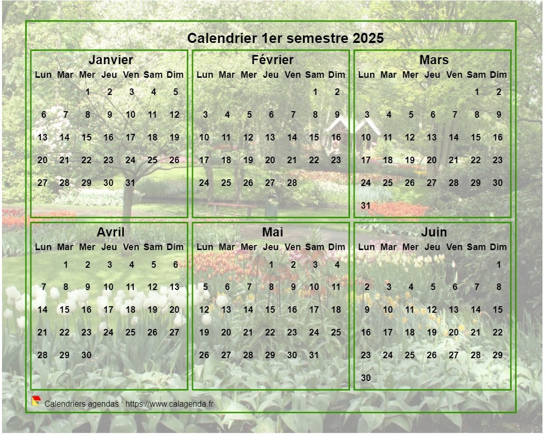 Calendrier 2025 à imprimer semestriel, format paysage, avec photo en fond de calendrier