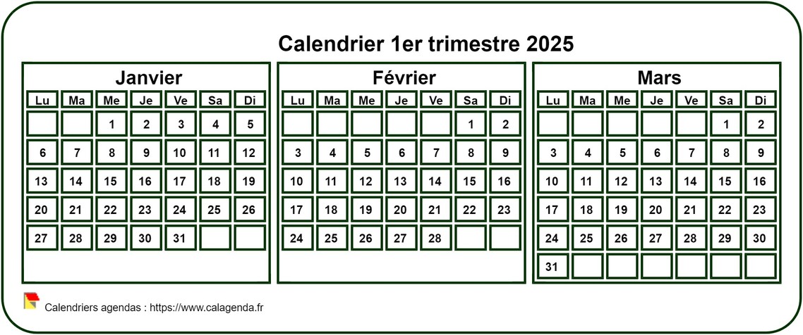 Calendrier 2025 à imprimer trimestriel, format mini de poche, fond blanc