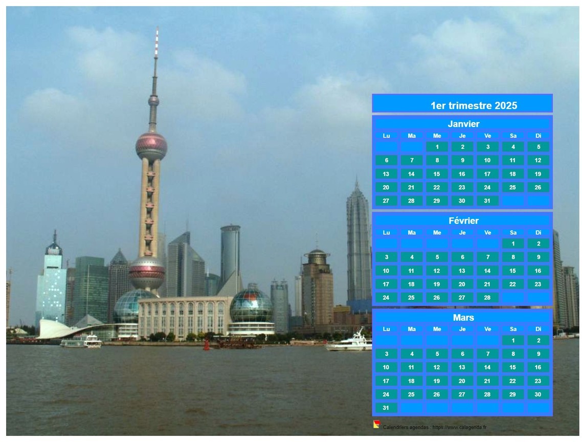 Calendrier 2025 à imprimer trimestriel, format paysage, au dessus de la partie droite d'une photo (Shangaï).