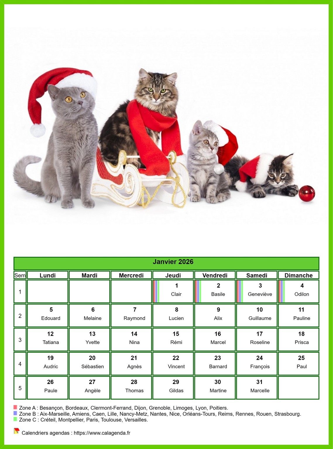 Calendrier janvier 2026 chats