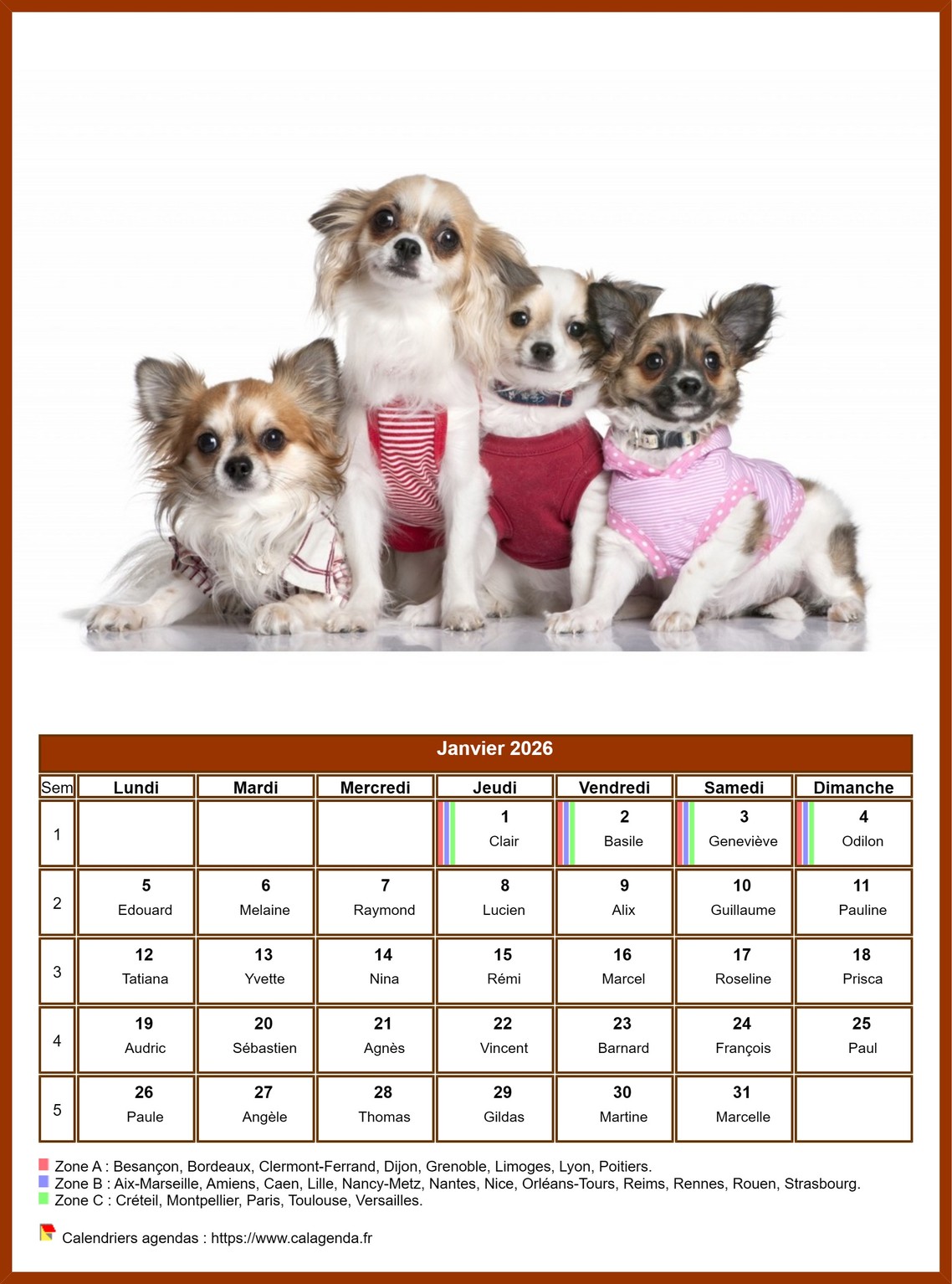 Calendrier janvier 2026 chiens
