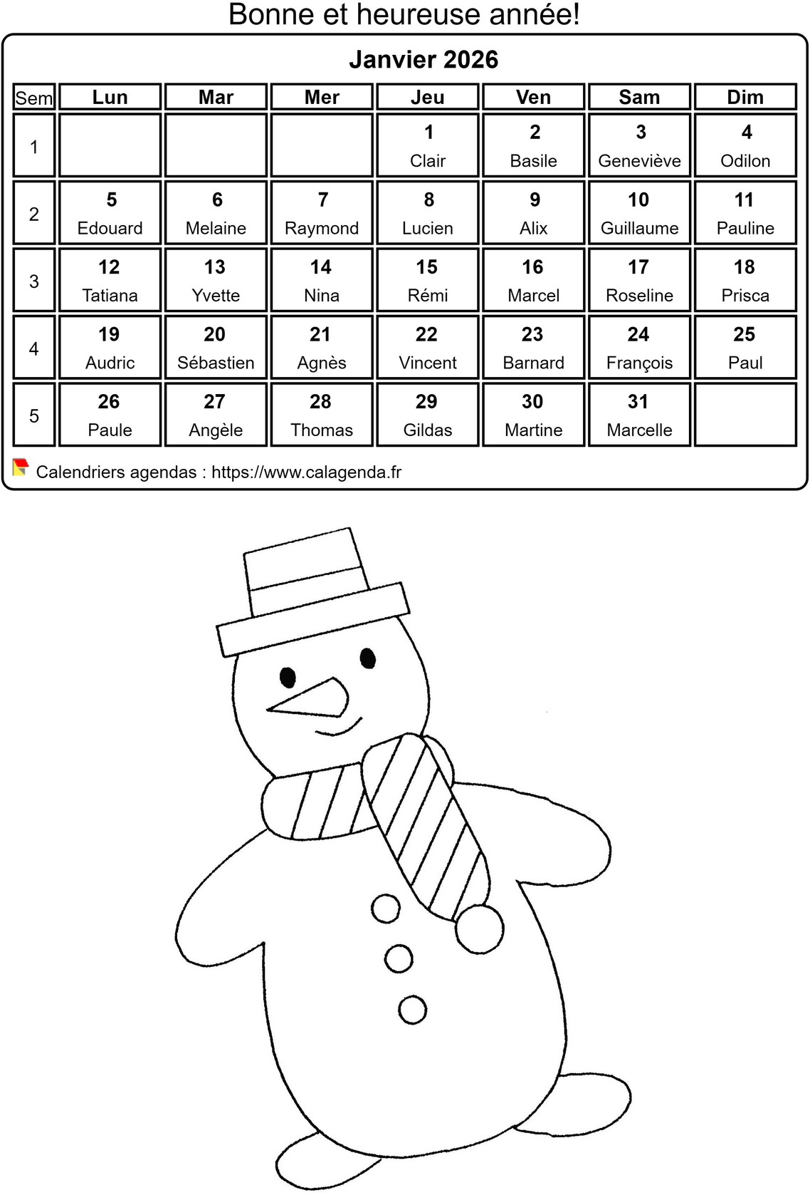 Calendrier 2026 à colorier du mois de janvier
