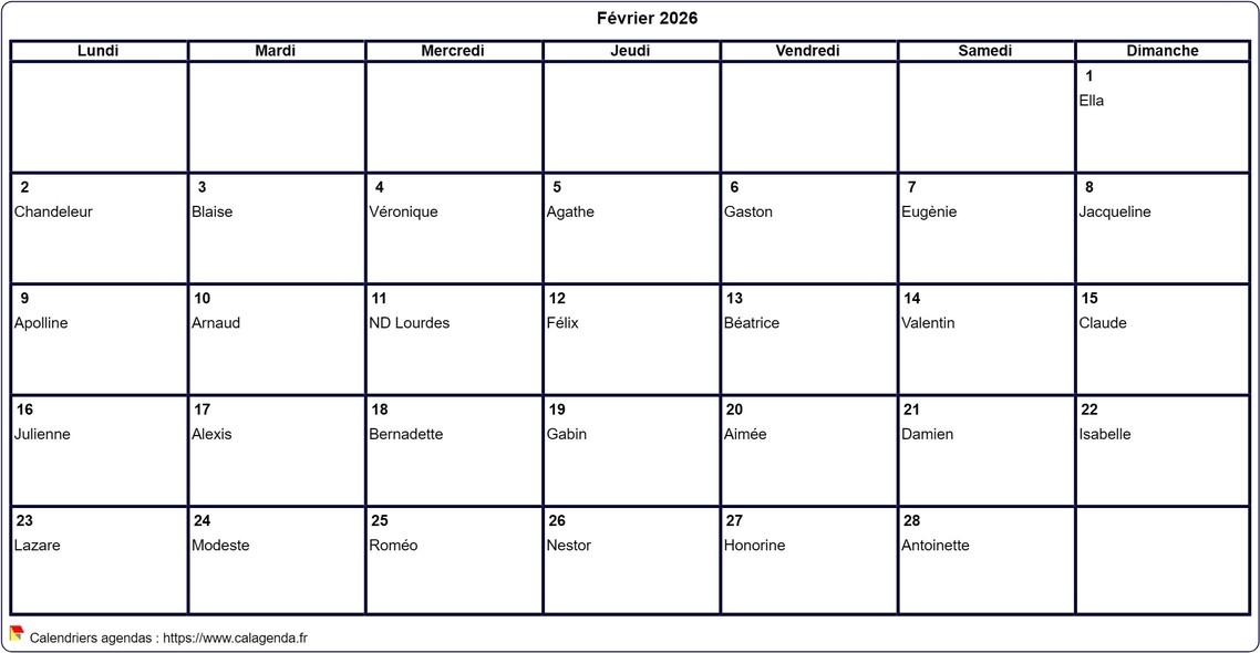 Calendrier février 2026 à imprimer vierge, avec les fêtes Calendrier février 2026 à imprimer vierge, avec les fêtes