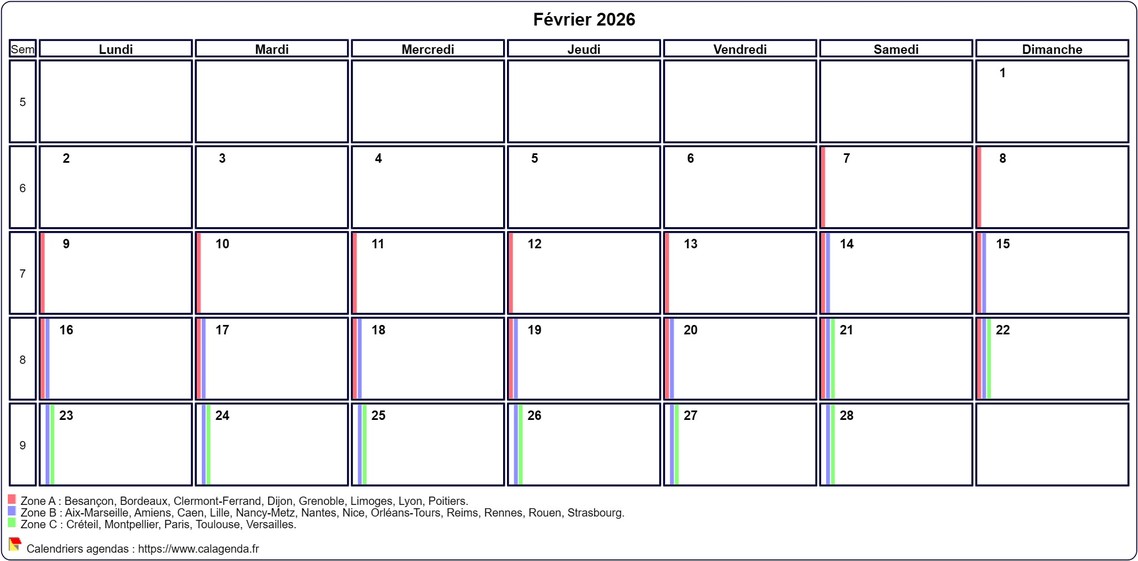 Calendrier février 2026 personnalisable avec les vacances scolaires Calendrier février 2026 personnalisable avec les vacances scolaires