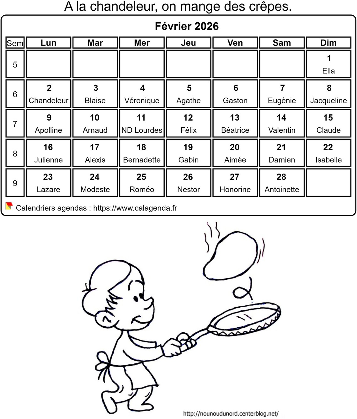 Calendrier 2026 à colorier du mois de février Calendrier 2026 à colorier du mois de février