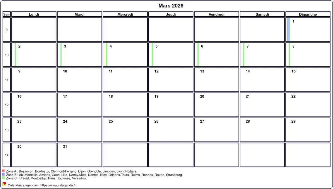 Calendrier mars 2026 personnalisable avec les vacances scolaires Calendrier mars 2026 personnalisable avec les vacances scolaires