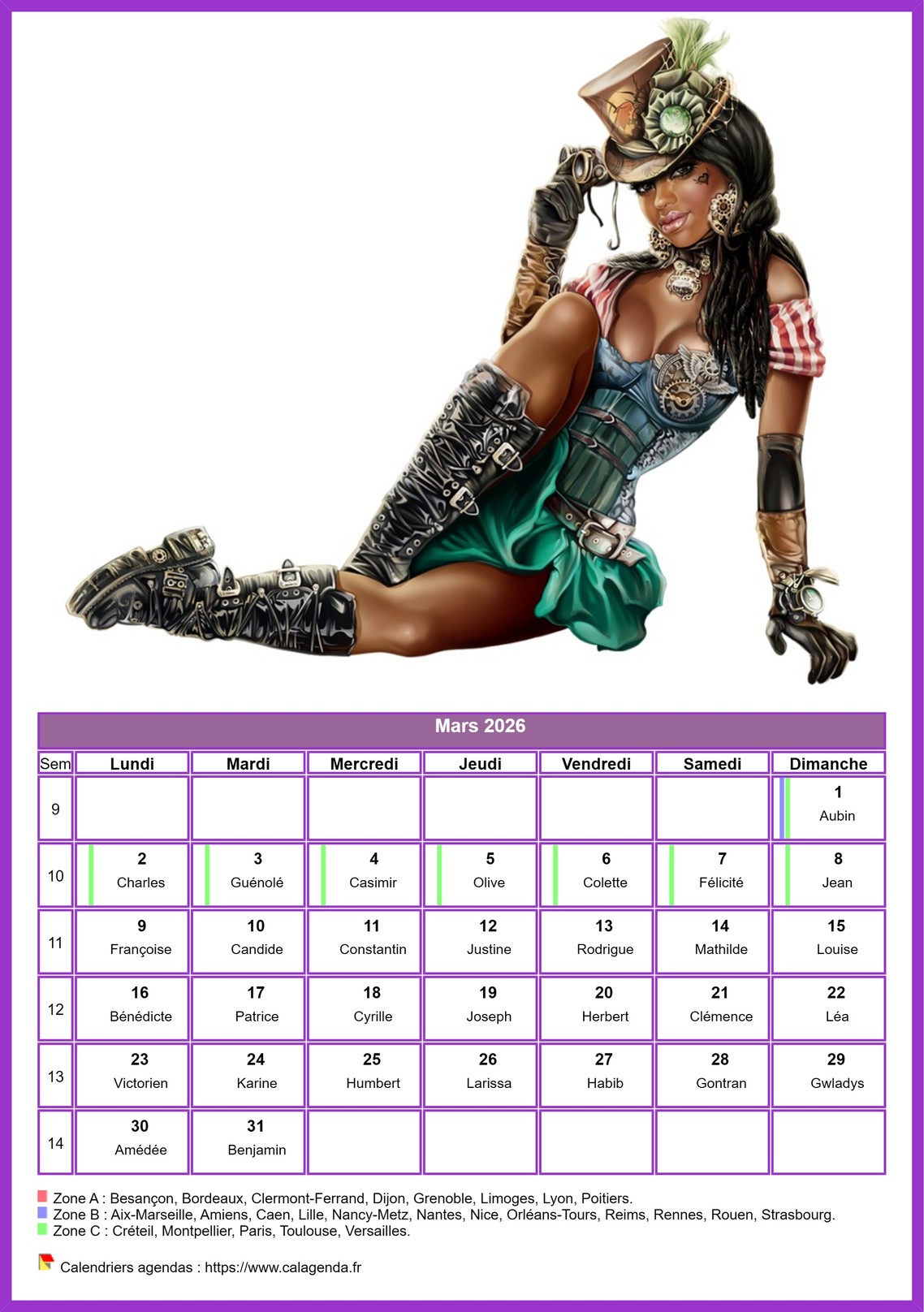 Calendrier mars 2026 femmes Calendrier mars 2026 femmes