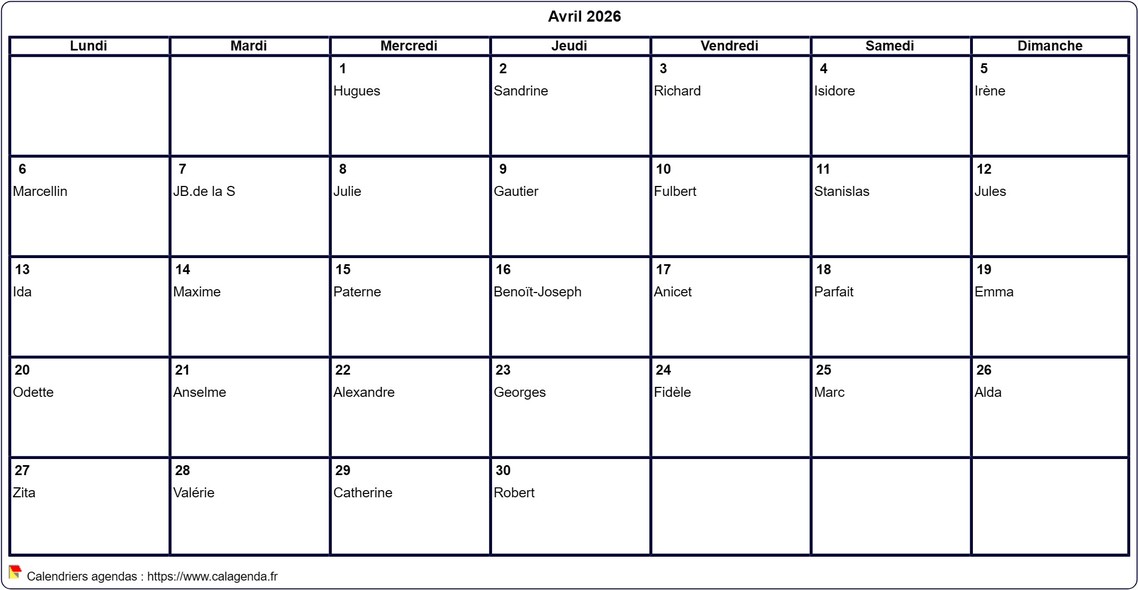 Calendrier avril 2026 à imprimer vierge, avec les fêtes Calendrier avril 2026 à imprimer vierge, avec les fêtes