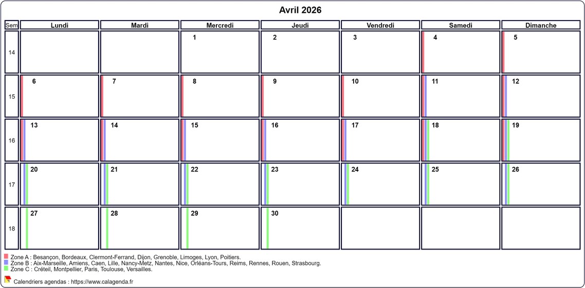 Calendrier avril 2026 personnalisable avec les vacances scolaires Calendrier avril 2026 personnalisable avec les vacances scolaires