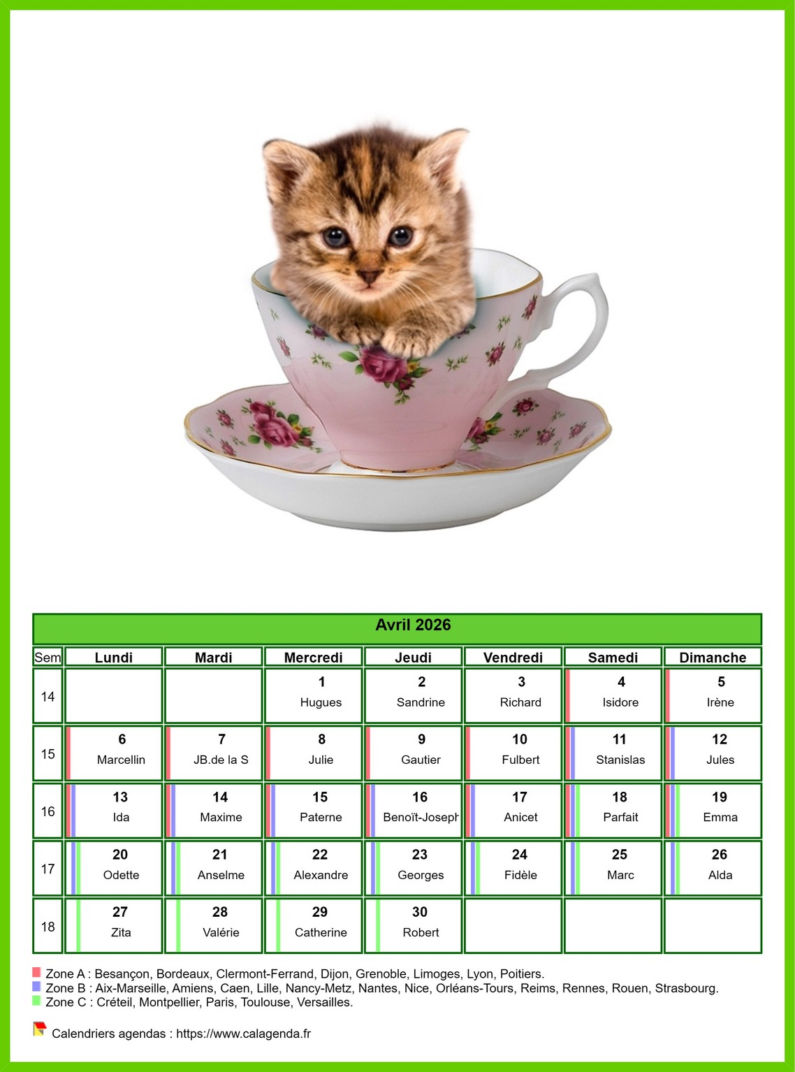 Calendrier avril 2026 chats
