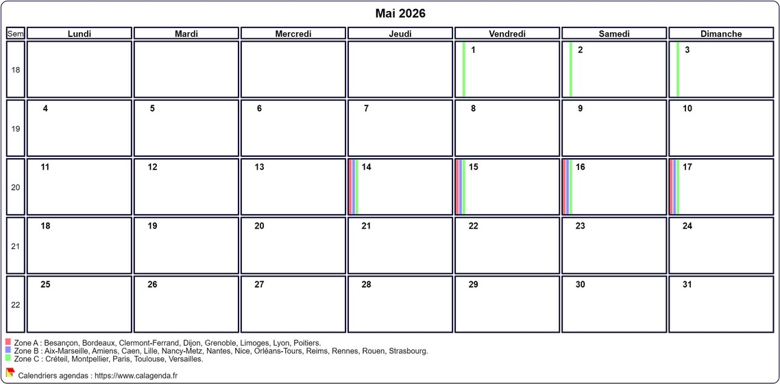 Calendrier mai 2026 personnalisable avec les vacances scolaires Calendrier mai 2026 personnalisable avec les vacances scolaires