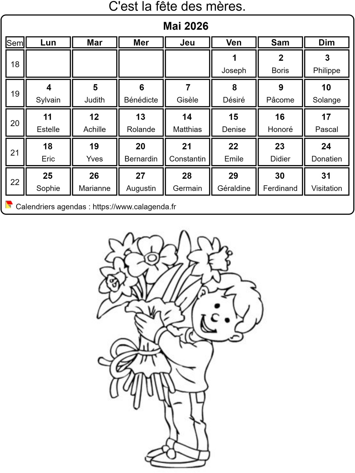Calendrier 2026 à colorier du mois de mai Calendrier 2026 à colorier du mois de mai