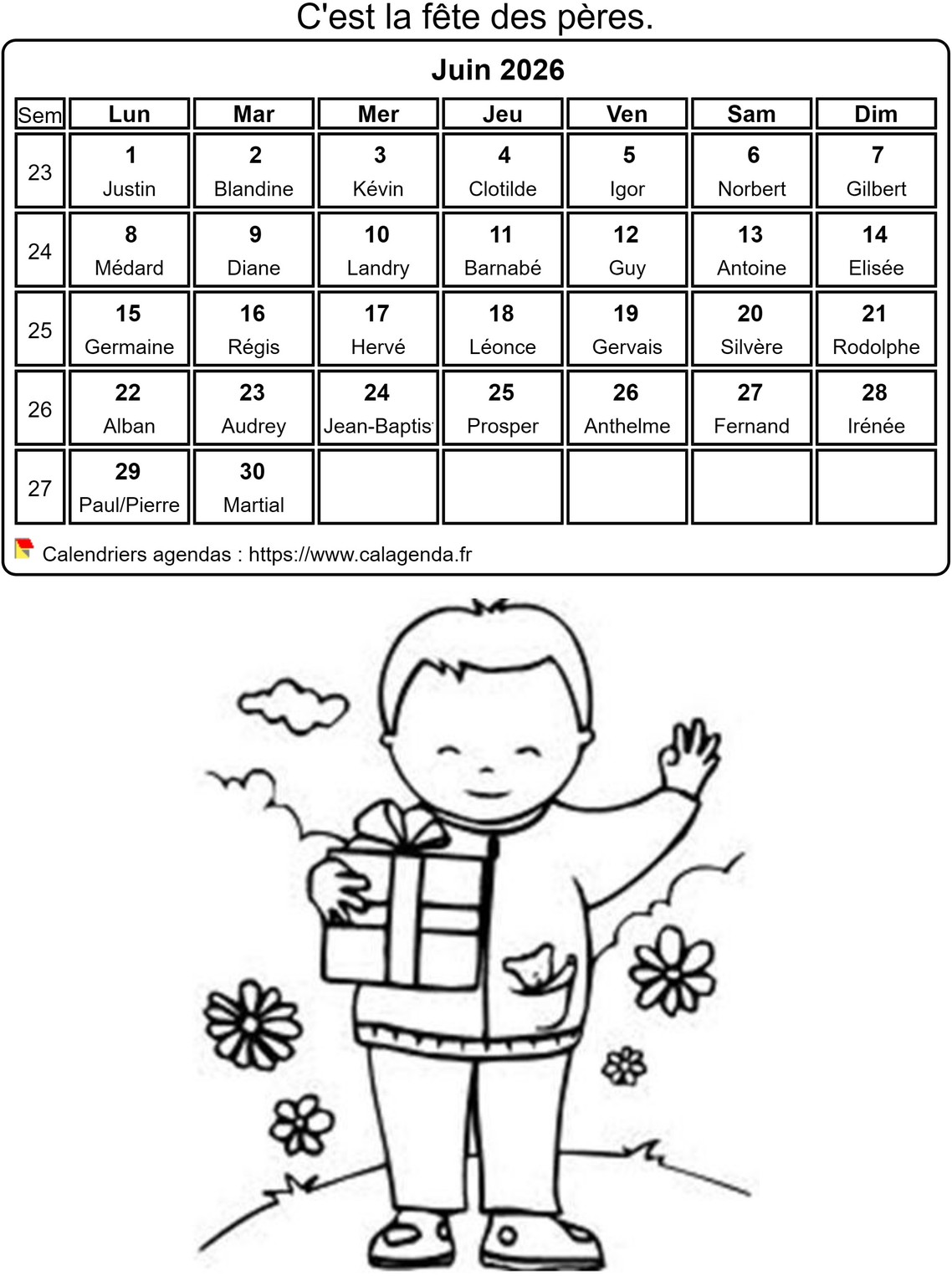 Calendrier 2026 à colorier du mois de juin Calendrier 2026 à colorier du mois de juin