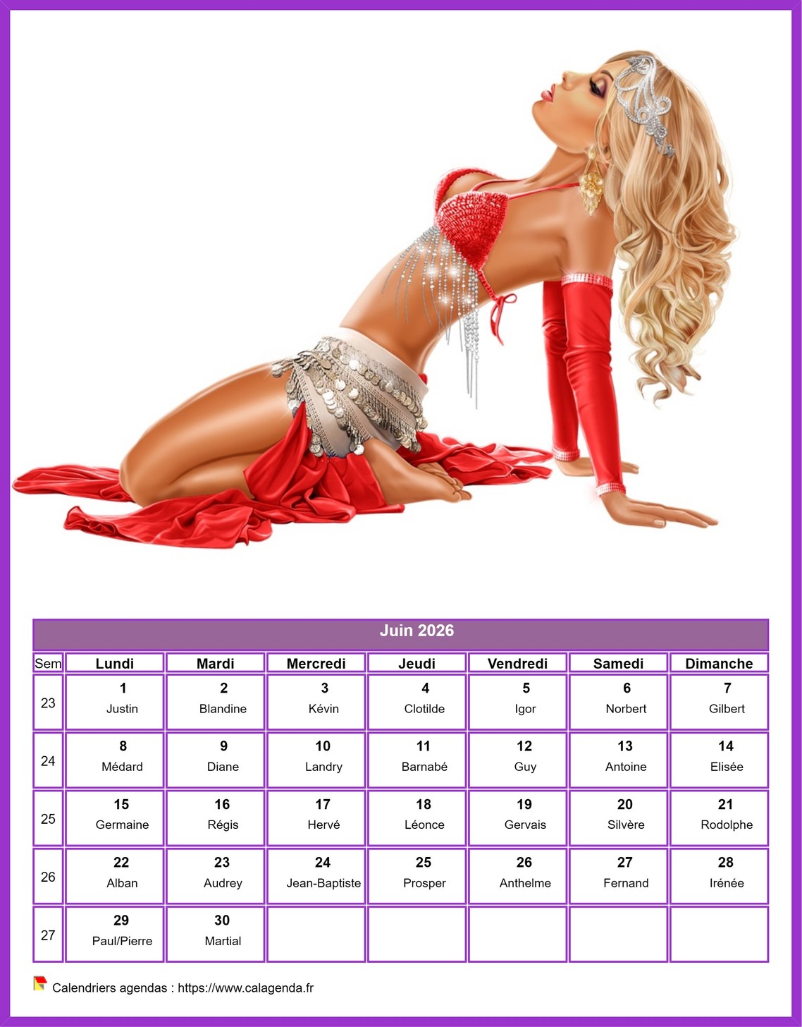 Calendrier juin 2026 femmes Calendrier juin 2026 femmes