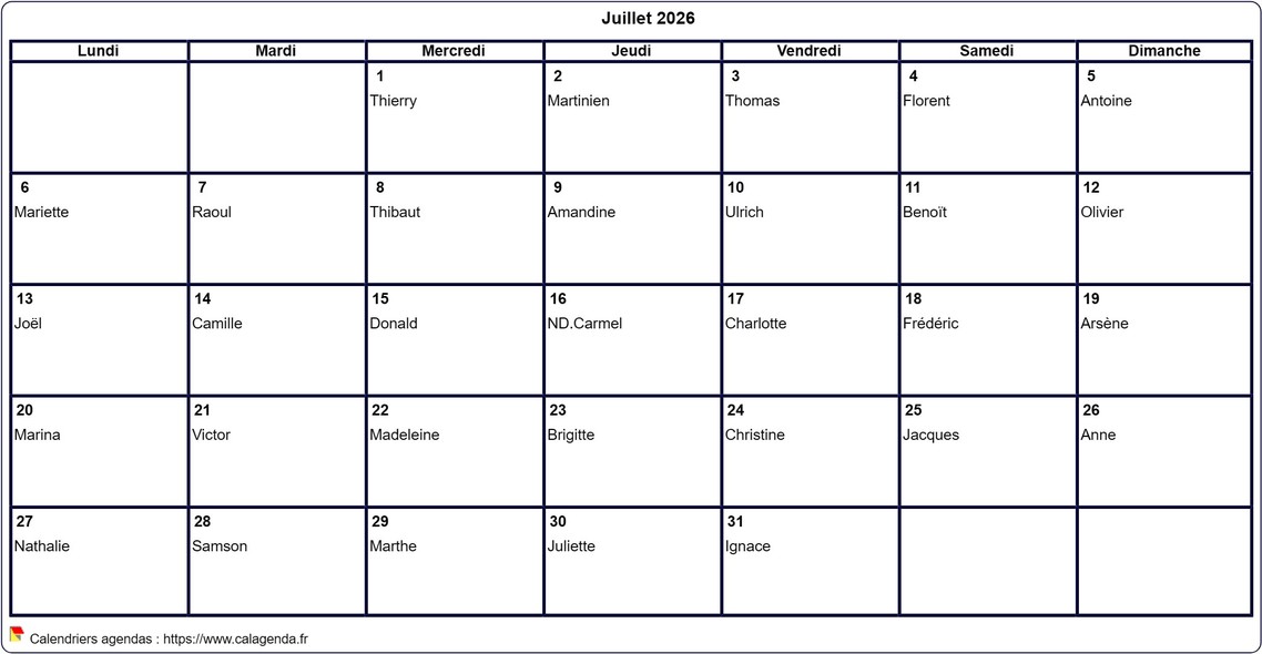 Calendrier juillet 2026 à imprimer vierge, avec les fêtes Calendrier juillet 2026 à imprimer vierge, avec les fêtes