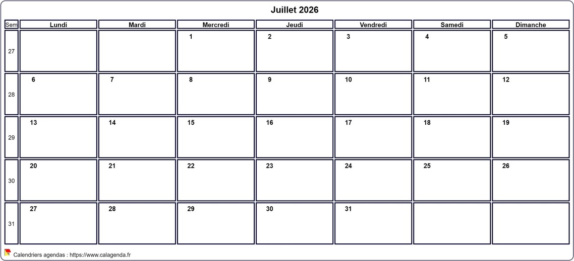 Calendrier juillet 2026 personnalisable avec les vacances scolaires Calendrier juillet 2026 personnalisable avec les vacances scolaires