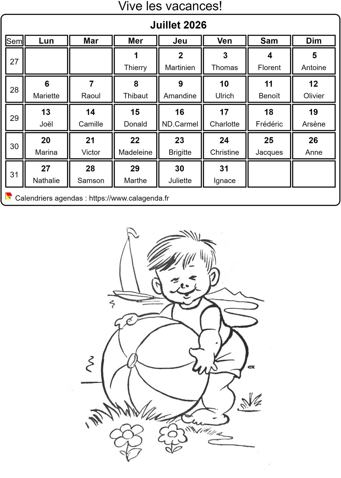 Calendrier 2026 à colorier du mois de juillet Calendrier 2026 à colorier du mois de juillet
