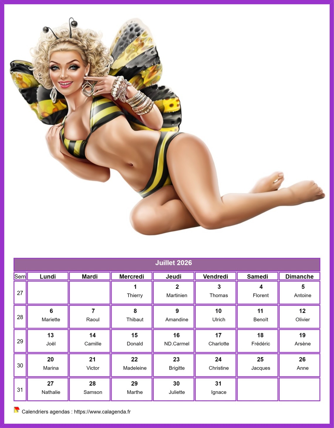 Calendrier juillet 2026 femmes Calendrier juillet 2026 femmes