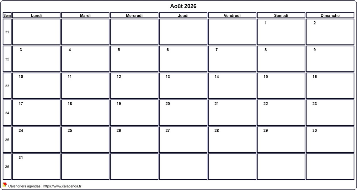 Calendrier août 2026 personnalisable avec les vacances scolaires Calendrier août 2026 personnalisable avec les vacances scolaires