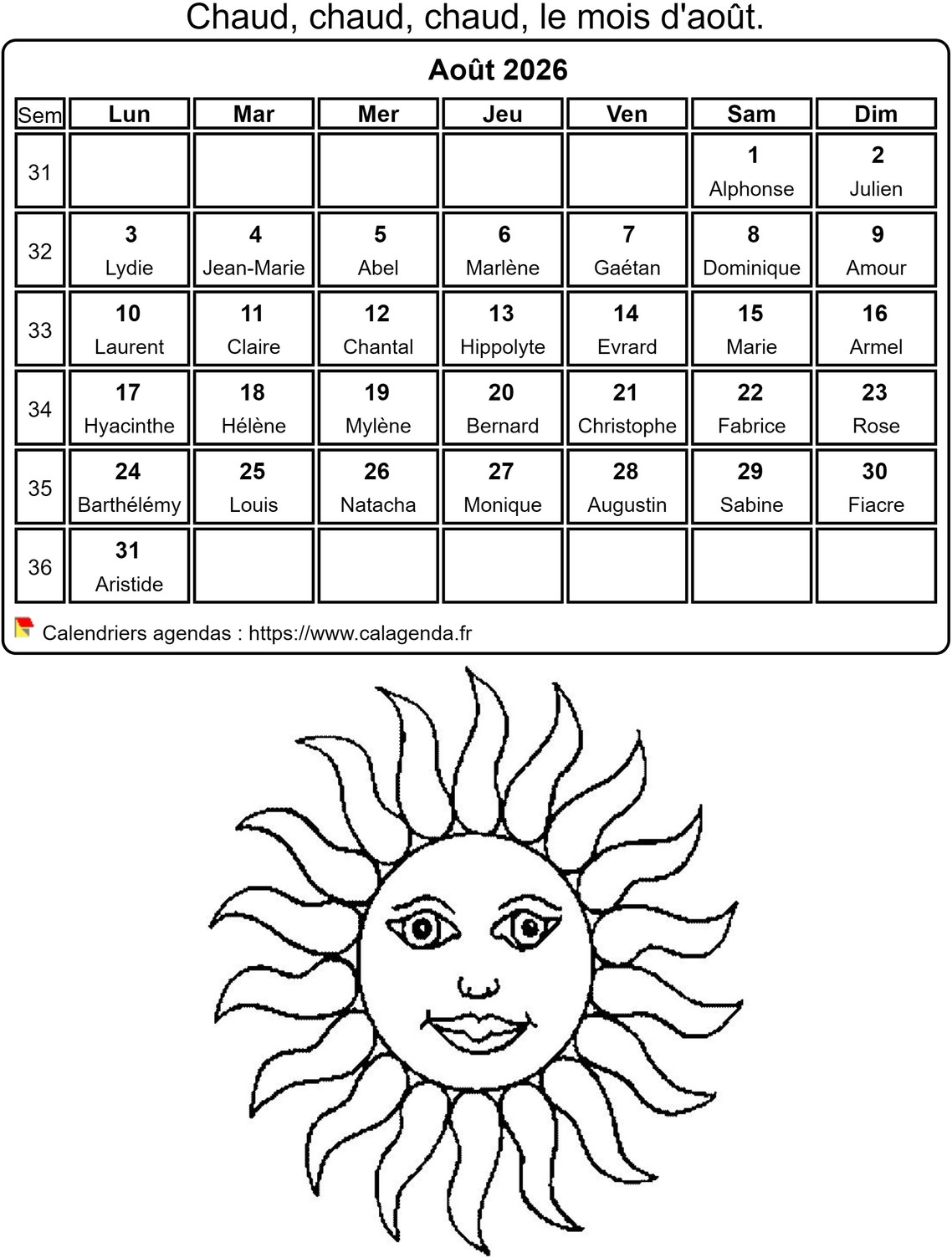 Calendrier 2026 à colorier du mois d'août Calendrier 2026 à colorier du mois d'août