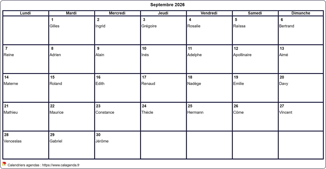 Calendrier septembre 2026 à imprimer vierge, avec les fêtes Calendrier septembre 2026 à imprimer vierge, avec les fêtes