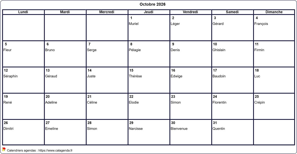 Calendrier octobre 2026 à imprimer vierge, avec les fêtes Calendrier octobre 2026 à imprimer vierge, avec les fêtes