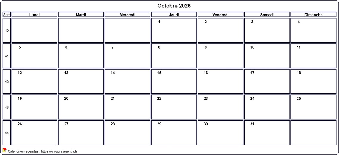 Calendrier octobre 2026 personnalisable avec les vacances scolaires Calendrier octobre 2026 personnalisable avec les vacances scolaires