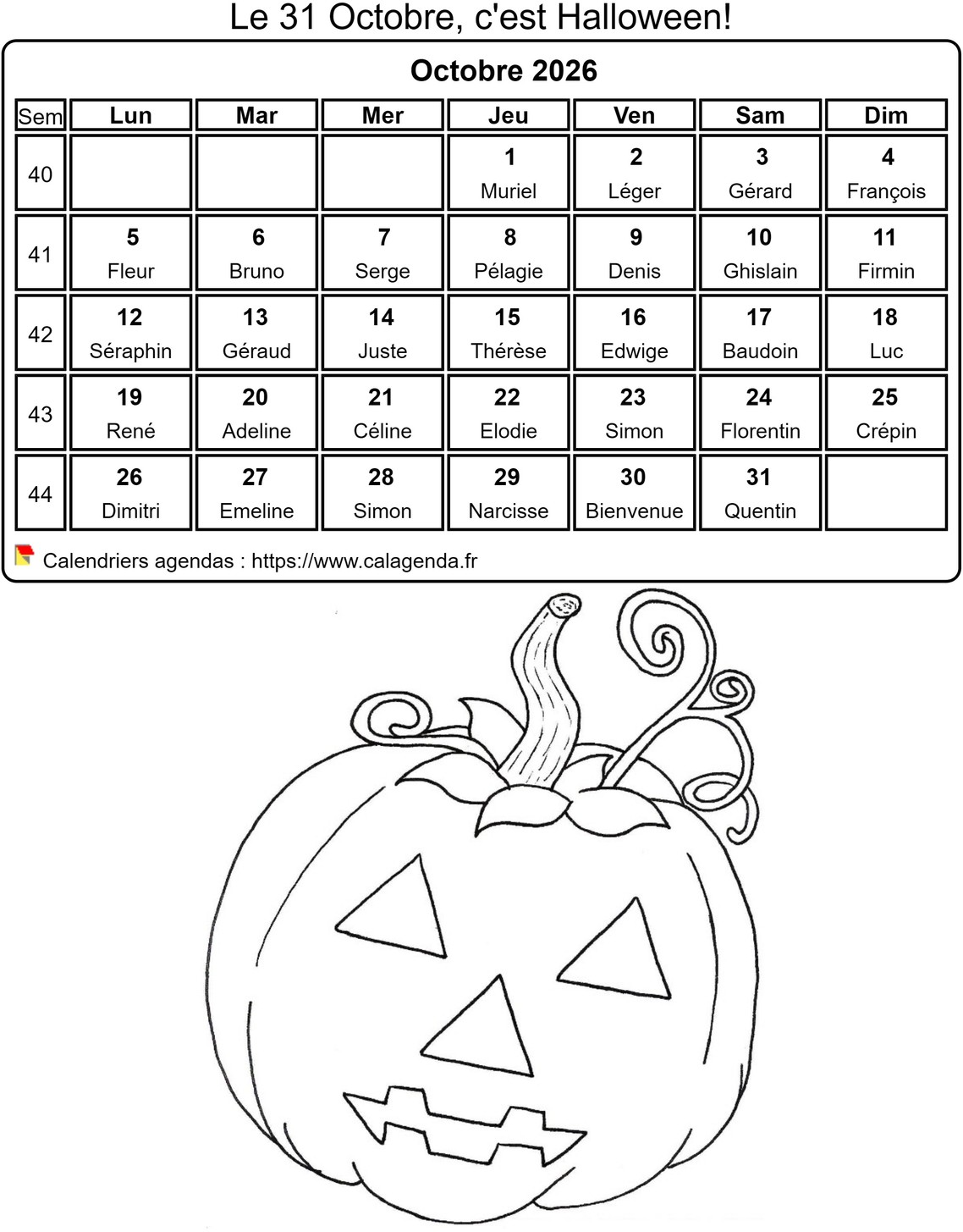 Calendrier à colorier octobre 2026