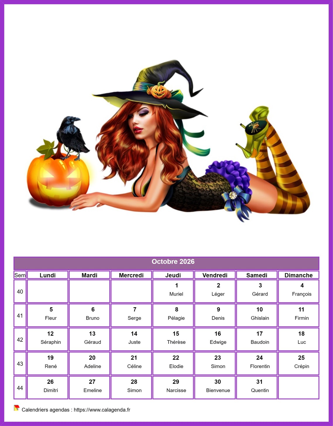Calendrier octobre 2026 femmes Calendrier octobre 2026 femmes