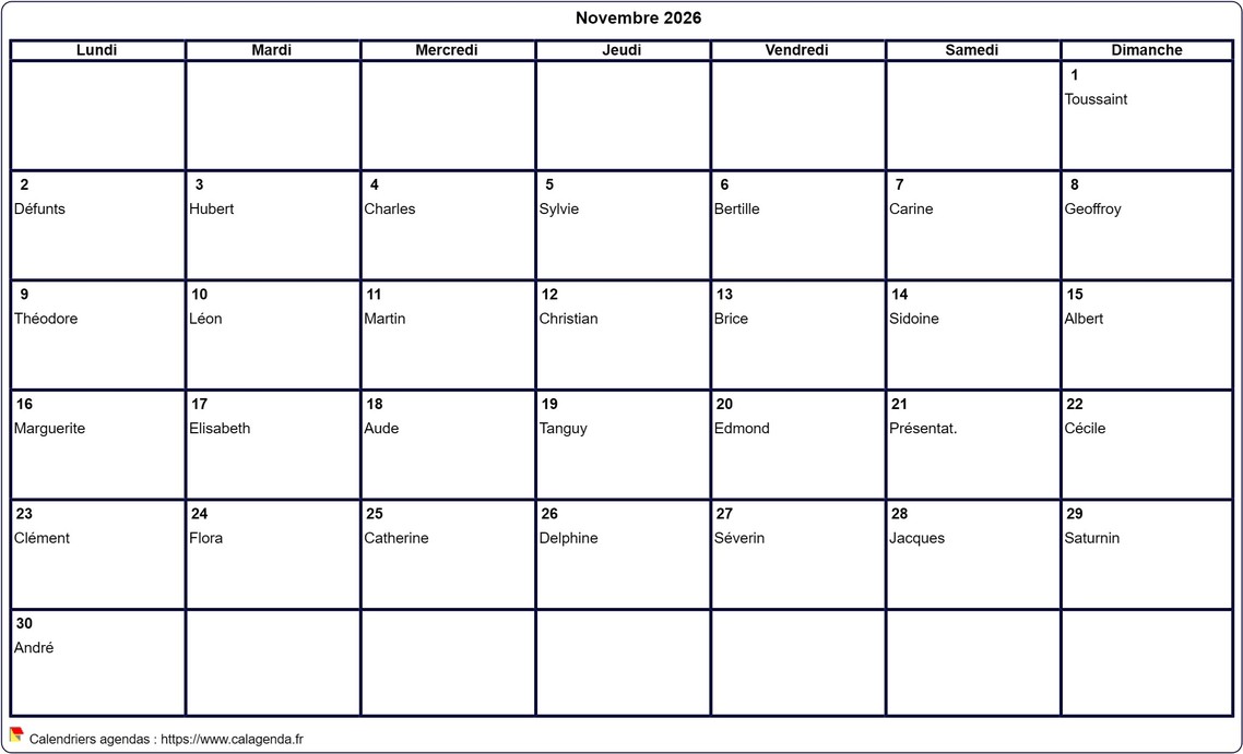 Calendrier novembre 2026 à imprimer vierge, avec les fêtes Calendrier novembre 2026 à imprimer vierge, avec les fêtes